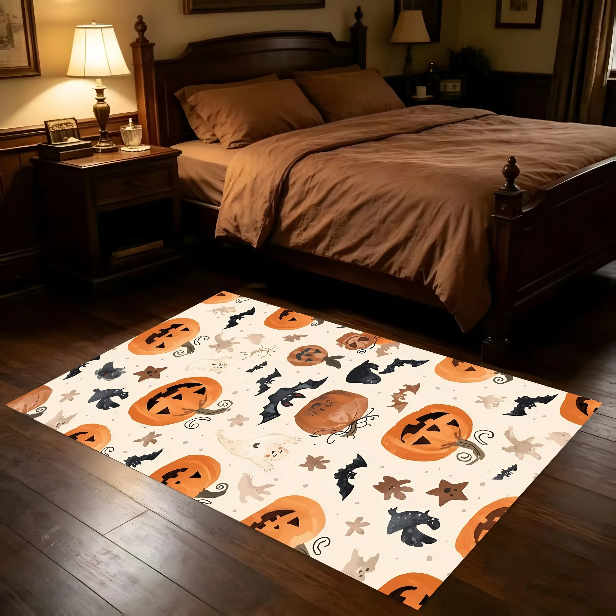 Velvet Cartoon Pumpkin Bat Halloween 2D Rug for Living Room, Bedroom and Party, Autumn/Winter