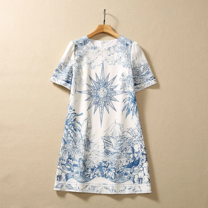 

European and American women's dress 2023 summer new style Round neck Five quarter sleeve hot drill blue print Fashion dress XXL