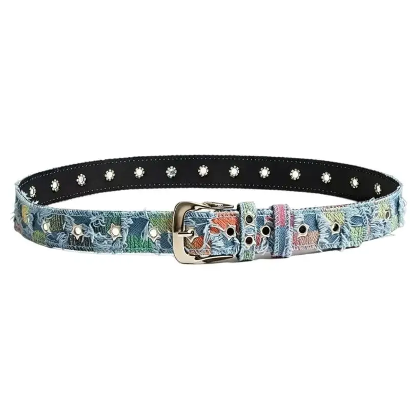 39BD Pin Closure Fashion Belt with Multiple Grommet Openings, Star Metal Waist Girdle, and a Distressed Punk-Style Finish