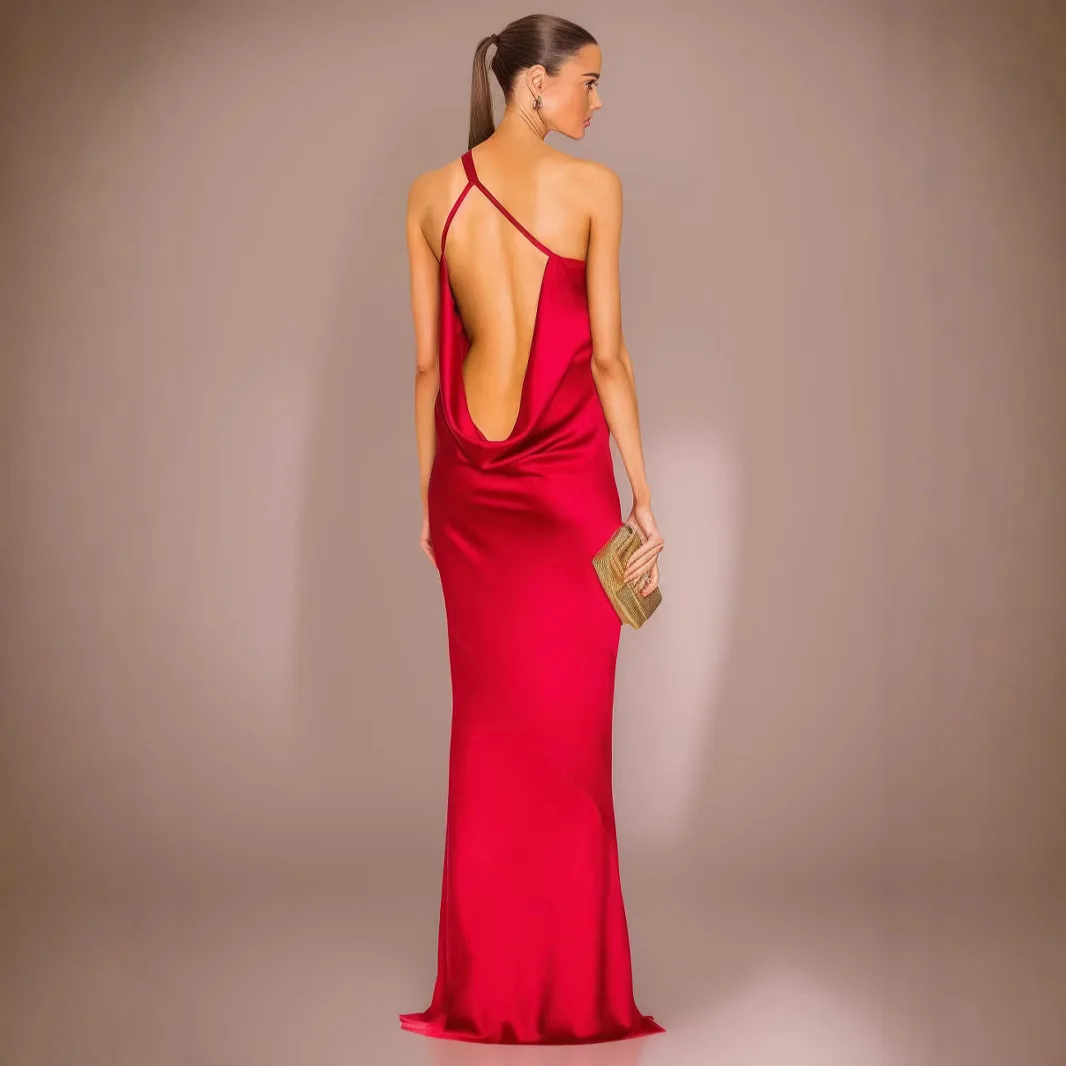 Robe longue en Satin rouge haut de gamme, avec bretelles Spaghetti, dos nu et Sexy, cintrée à la taille, moulante, nouvelle collection 2025