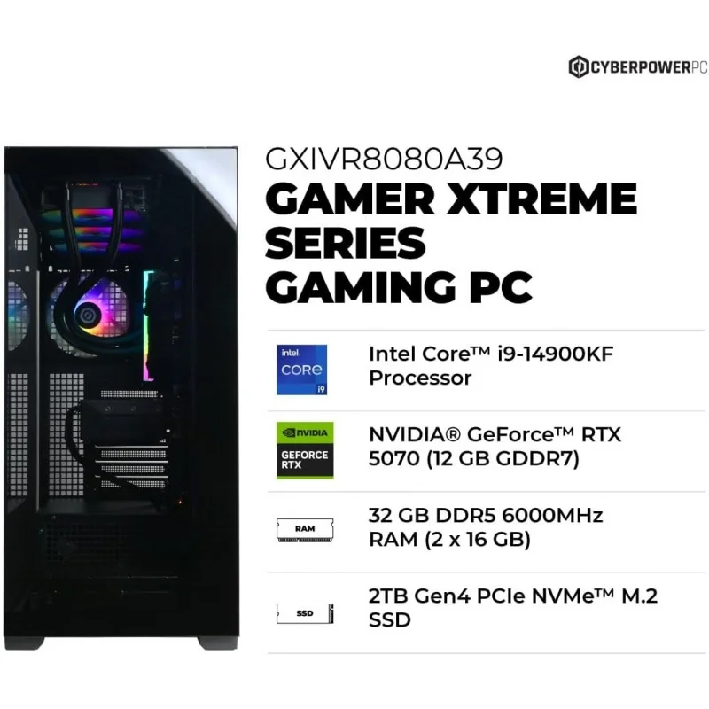 PC Gamer Xtreme VR Gaming PC, Core i9-14900KF 3.2GHz, GeForce RTX 5070 12GB, 32GB DDR5, 2TB PCIe 4.0 SSD, WiFi Ready & Windows 1