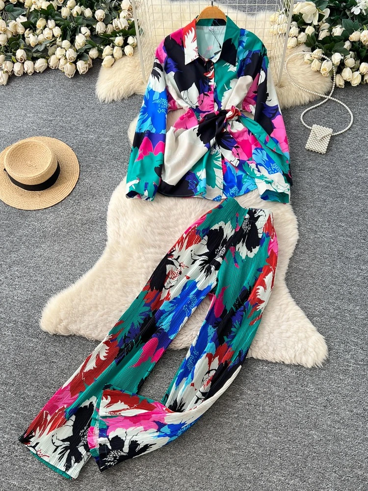 

French style light mature printed lace-up shirt wide leg pants two-piece set women's spring new waist cinching commuting set