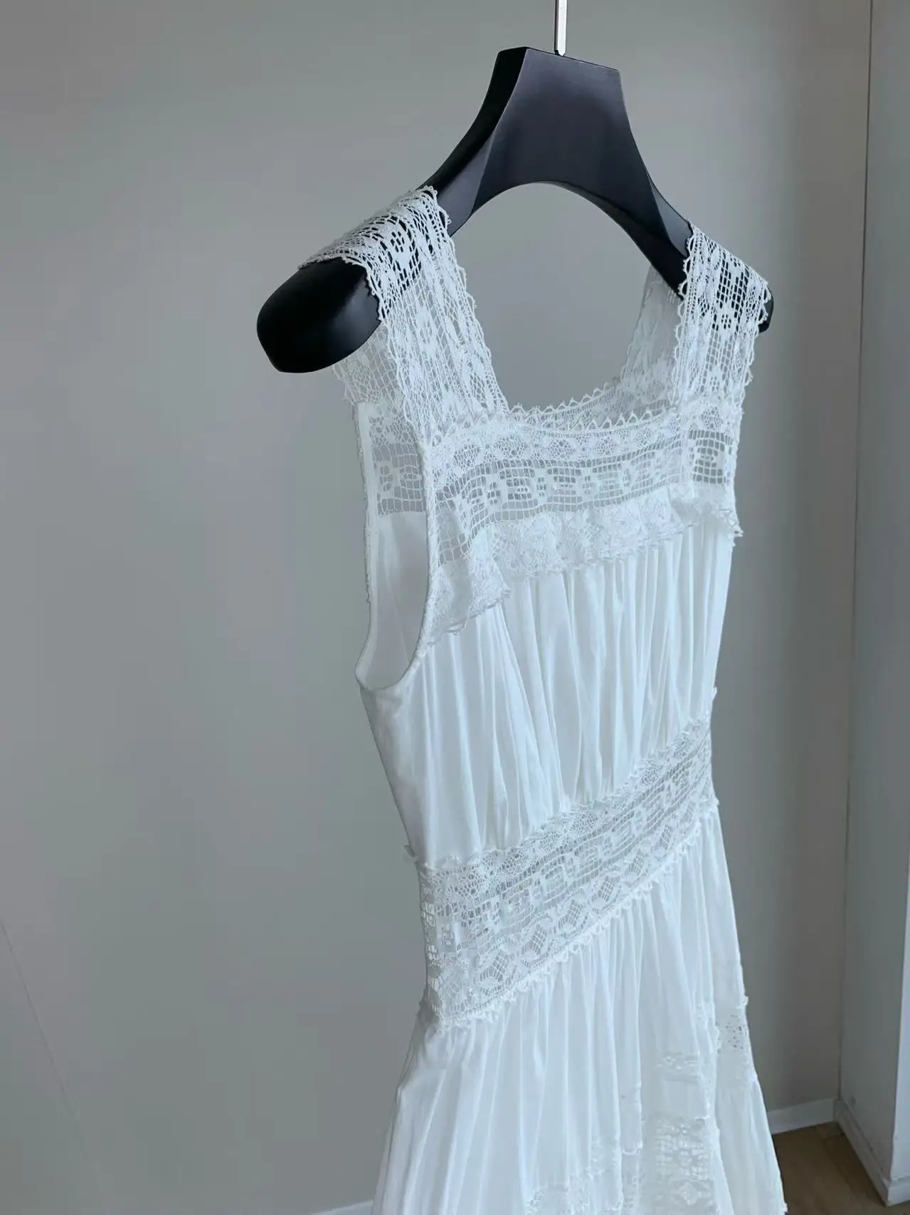 2026 Summer New Ramie Lace Midi Dress, Spliced First Love White Long Dress, Vacation Beach Dress