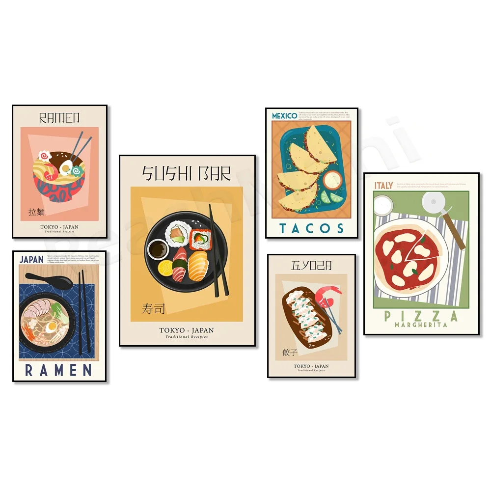 Ramen food, traditional asian dumplings, noodle soup, italian pizza, mexican food tacos, sushi bar food art poster, modern art