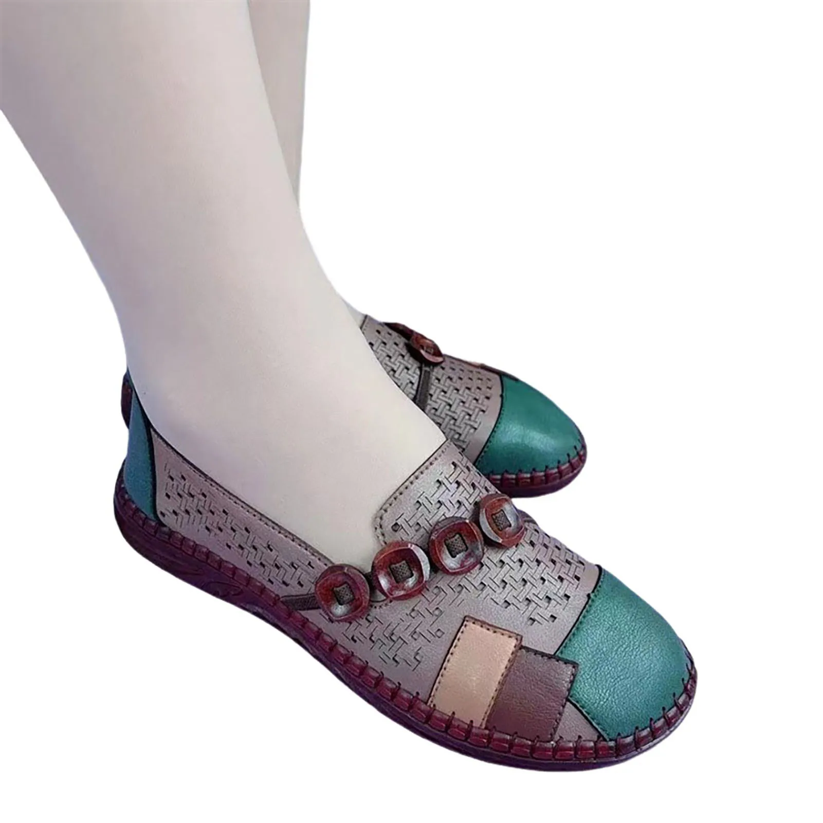 Ladies Color Blocking PU Leather Shoes Anti-Slip Versatile PU Leather Shoes Suitable for Going Beach Side Wear