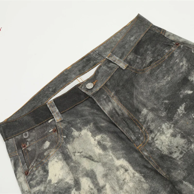 Nowe 24ss High-end 1981. Vintage Splashed Ink Grey Mistake Effect Tinted Printed Low Waisted Wide Leg Mens Womens Jeans