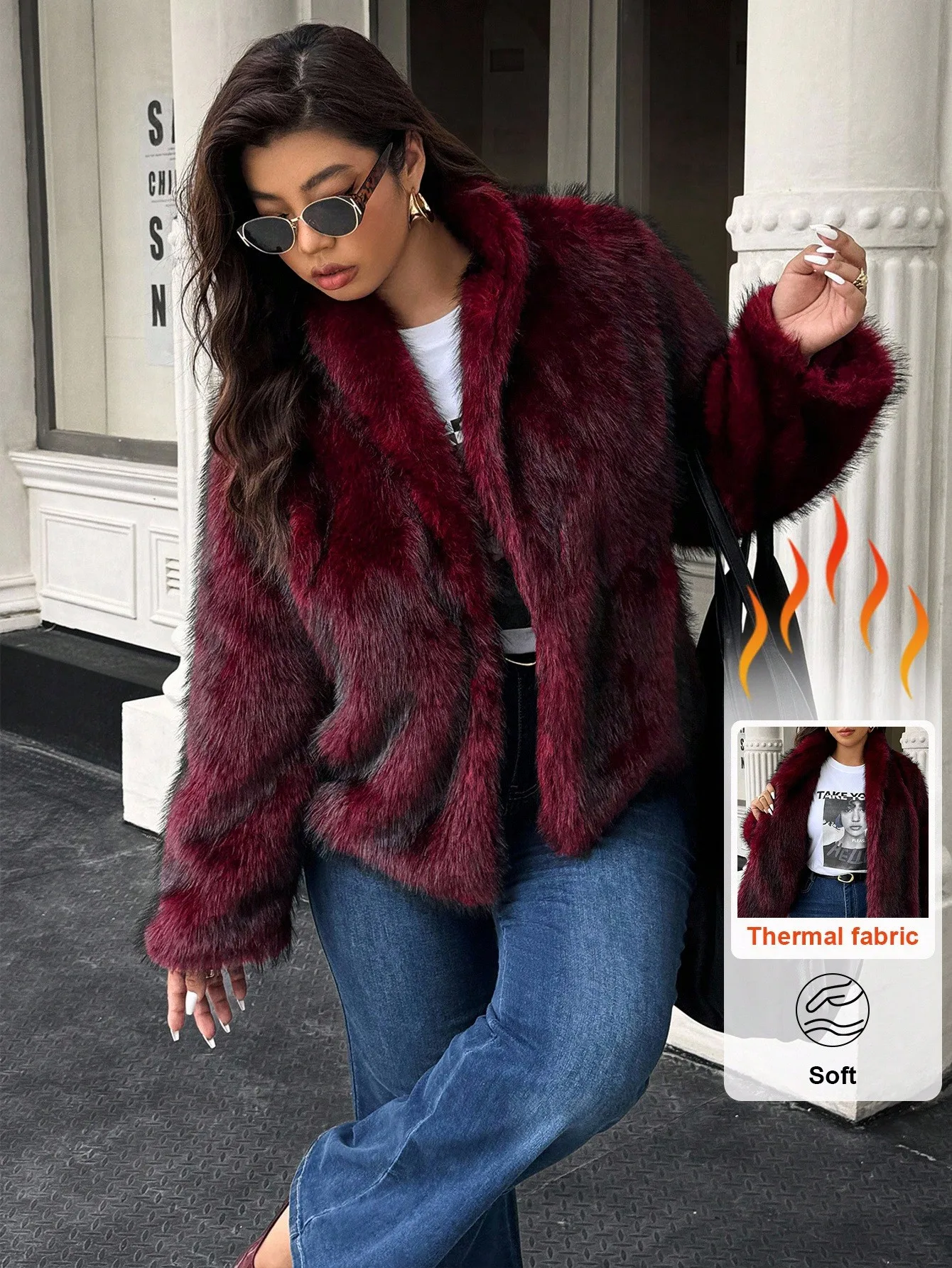 

Бордовая куртка из искусственного меха для женщин, зимнее пальто с открытым передом и длинными рукавами, мягкая термоткань, большие размеры