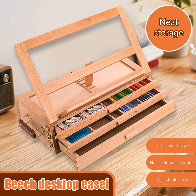 

Beech Three-Layer Portable Desktop Easel,Painting Box