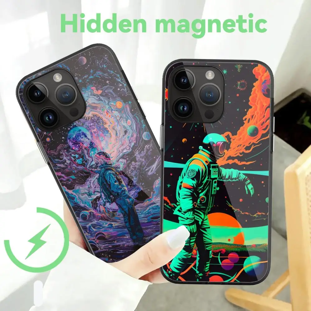 

Space astronaut Phone Case For iPhone 15 Pro Max 14 13 12 11 Mini Plus Hidden magnetic Black Glass Cases