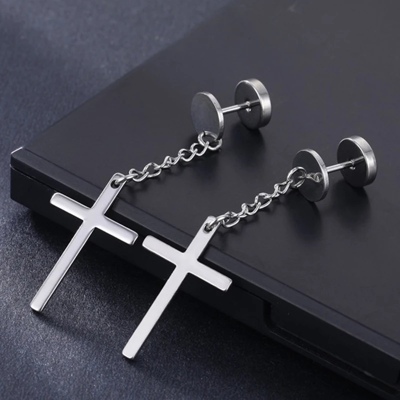 4 Pairs Women Men‘s Stainless Steel Ear Stud Earring Dangle Gothic Cross Stud Earring Men Ear Piercing Huggies Pendant Jewelry