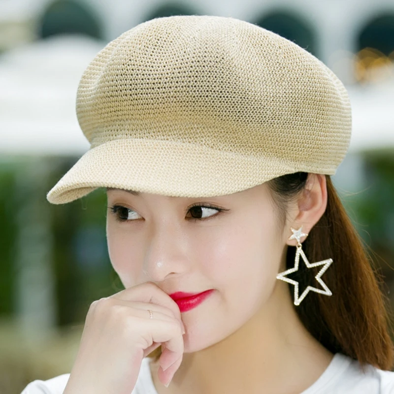 Ladies Summer Beret Travel Sun Hat Korean Version of The Wild Duck Tongue Octagonal Hat Straw Hat NetOctagonal Cap Straw Hat