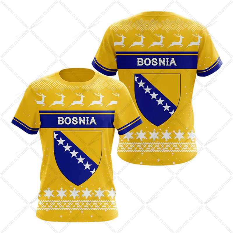 Bosnia Flag & Coat of Arms Graphic Tee Summer Casual Pullover Men's Fashion Loose T-shirts Boys Oversized Short Sleeves Tops