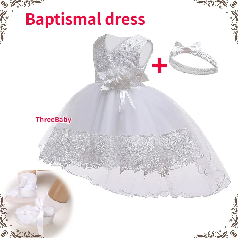 Baby Dress for Girls 0 6 Months White Christening Dress Lace Trailing Princess Dresses Infant Birthday Outfit Wedding Gown