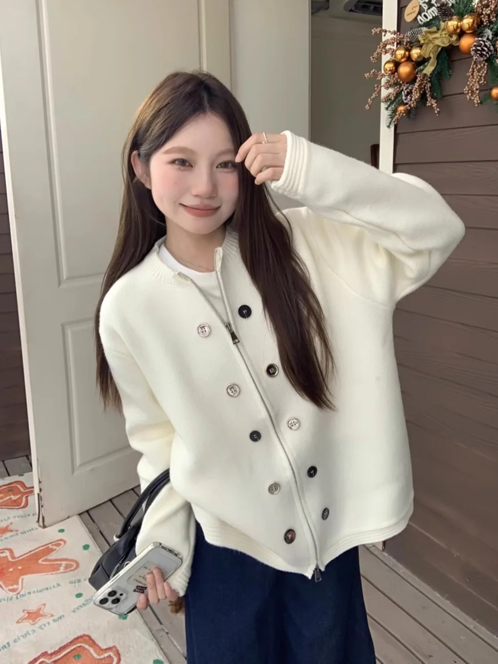 

Kumikumi Design Zipper Decorative Button Casual Sweater Cardigan Women's Spring Versatile Slimming Loose Fit round Neck Long ...