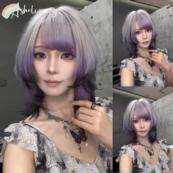 Purple Wigs for Women Short Hair Y2K Headband Wig with Bangs Sissy Synthetic Straight Anime Ombre Hair Wig 가발