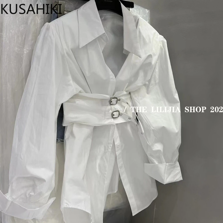 KUSAHIKI 2023 jesienna nowa koreańska moda wąska talia Top damski przyczynowa z długim rękawem elegancka bluzka Camisa Feminina