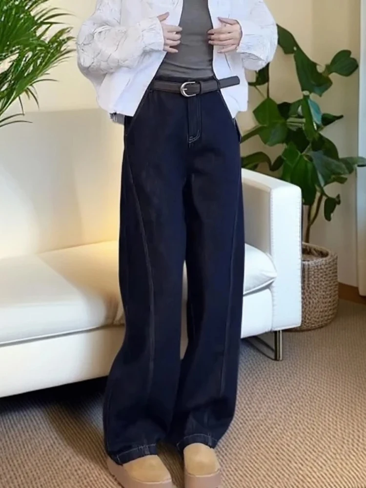 

Джинсы женские с высокой талией, широкими штанинами, прямого кроя, больших размеров, стройнящие, осенняя коллекция 2024, новые, глубокий цвет, скрывающие недостатки фигуры