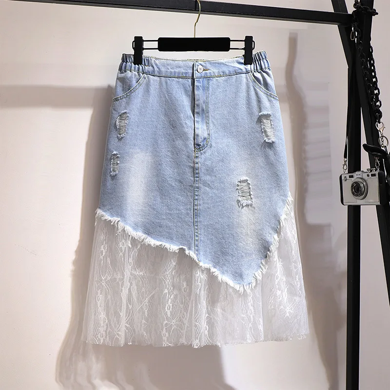 150Kg Plus Size Women's Spring Summer Mesh Panel A-Line Denim Skirt Blue Hip 153cm 5XL 6XL 7XL 8XL 9XL