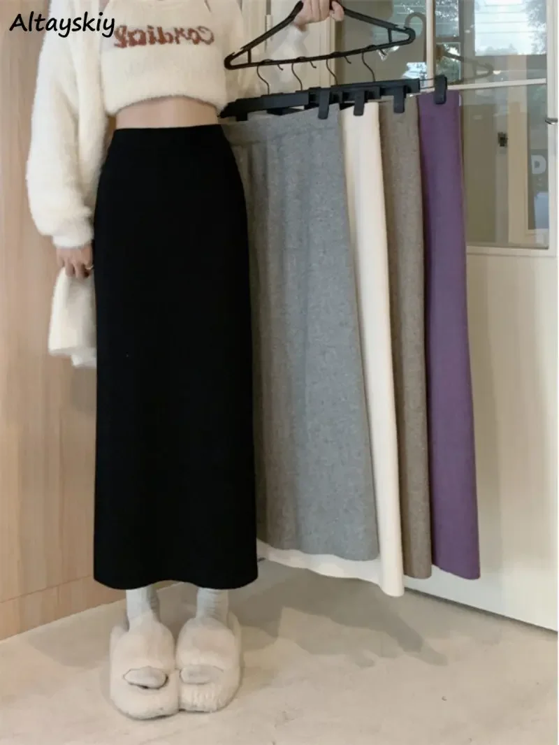 Knitted Ankle-length Skirts Women Autumn Winter Fashion Tender Korean Style A-line Solid Casual Daily Simple All-match Female