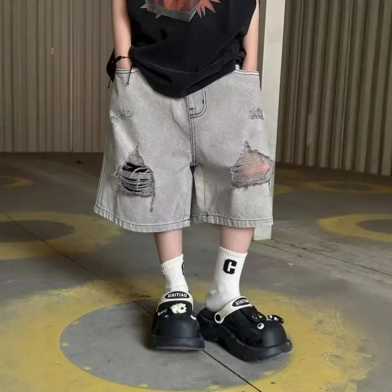 Boys' Distressed Denim Shorts Summer New Loose Fit 5 Cargo Pants Trendy Kids' Summer Essentials
