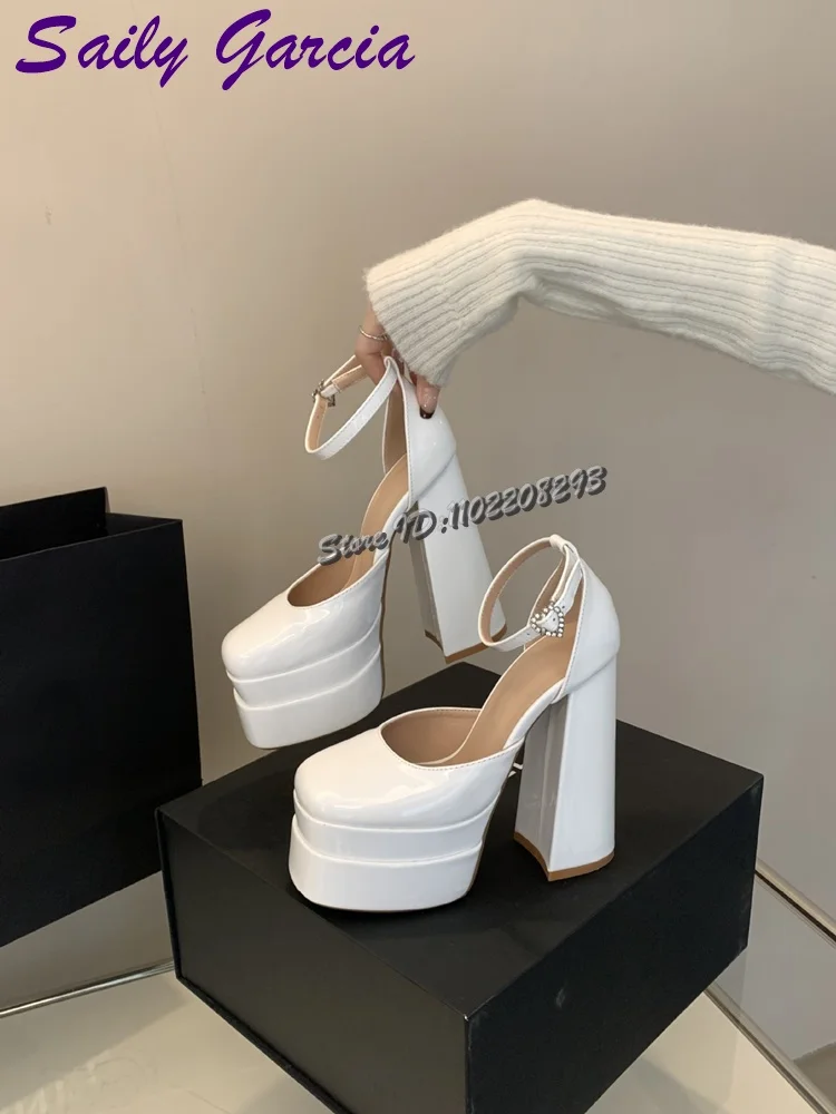 

Square Toe Crystal Buckle Strap Sandals Patent Leather Platform Chunky Heel Super High Heel 2026 Summer Women's Fashion Shoes
