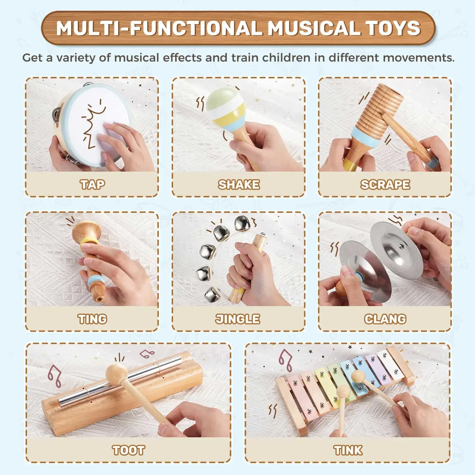 Pogolab-instrumentos musicales para bebés, juguetes de madera, instrumentos de percusión Montessori, juego de drut, juguetes de madera para niños, xilófono Maraca