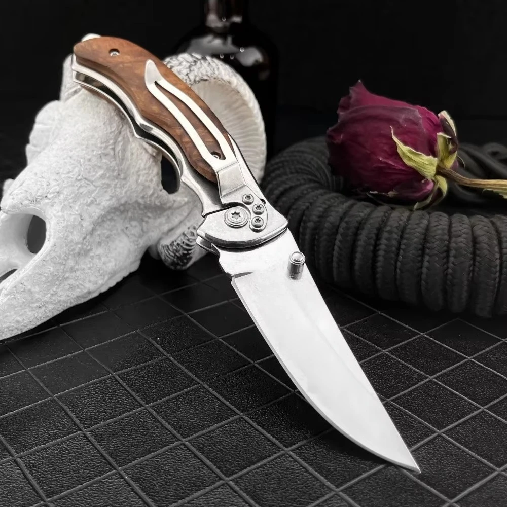 Bestselling High Quality Camping 519 Folding Knife 440 Mirror Polished Blade Gradient Wood Handle Outdoor Fishing Pocket Tool