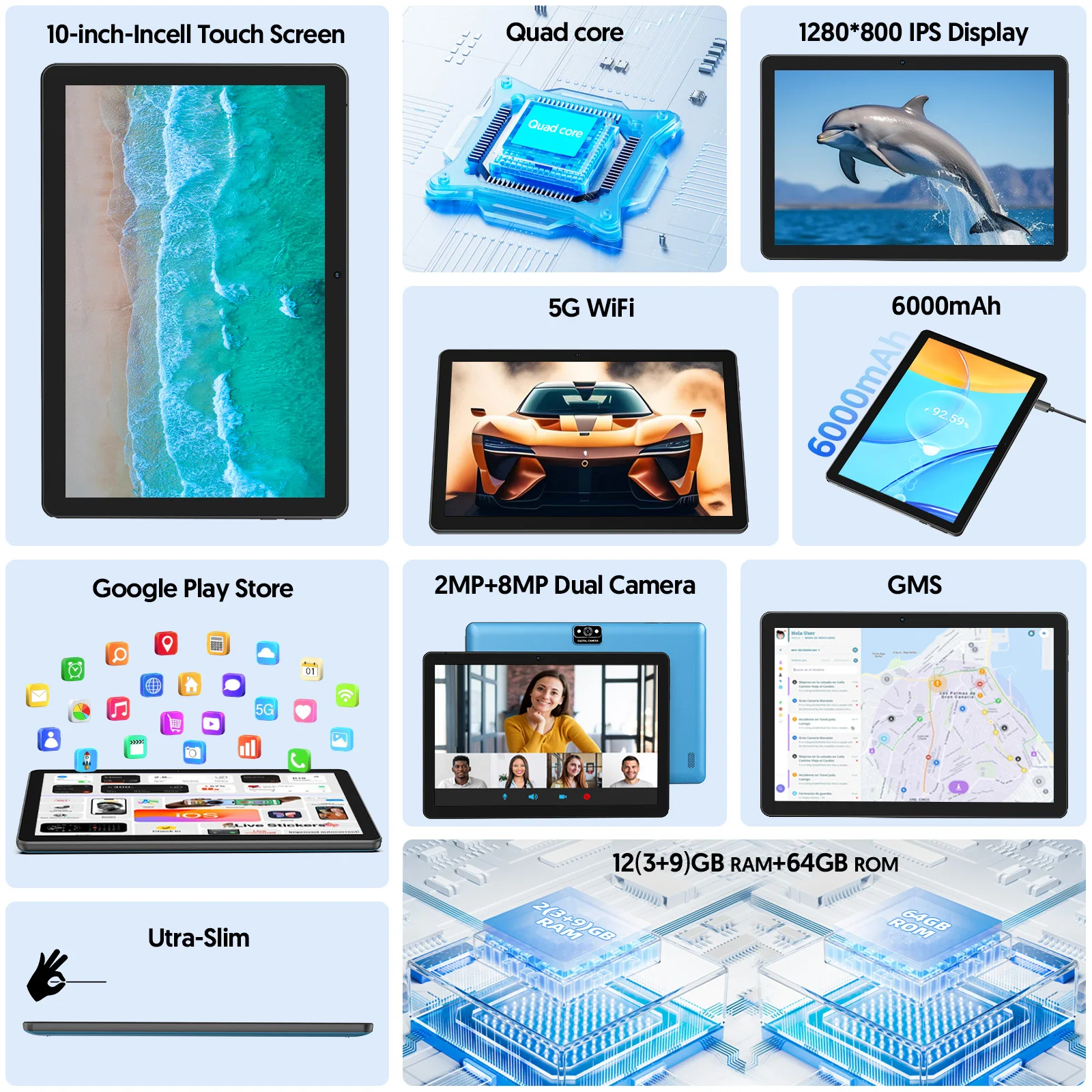แท็บเล็ต Android 13 ขนาด 10 นิ้ว, โปรเซสเซอร์แบบสี่คอร์, RAM 7GB (ขยายได้ 3G+4G) + ROM 64GB, กล้องคู่, WiFi, Bluetooth