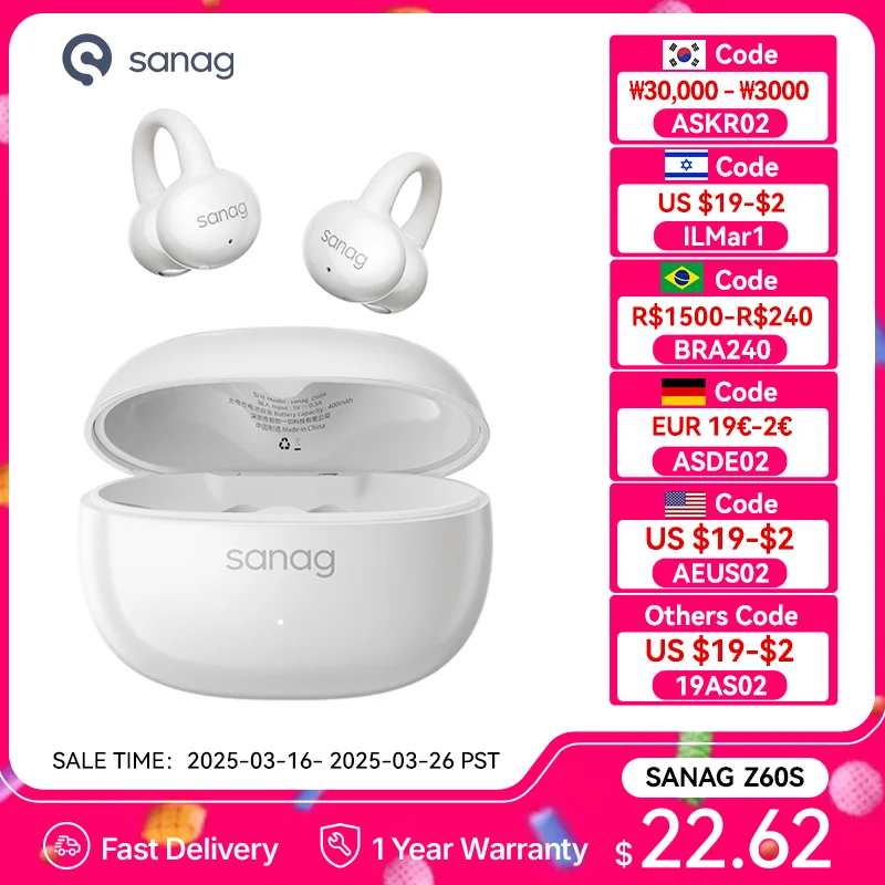 Sanag Z60S Ear Clip Earphones Air Conduction Open Ear Earbud Bluetooth 5.4 Wireless Bluetooth Headphones IPX4 50H Playback