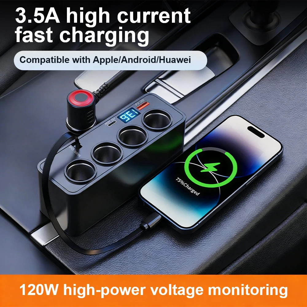 

Автомобильное зарядное устройство с цифровым дисплеем для быстрой зарядки, многофункциональное USB-адаптер для быстрой зарядки, универсальное автомобильное зарядное устройство QC3.0 + PD TypeC