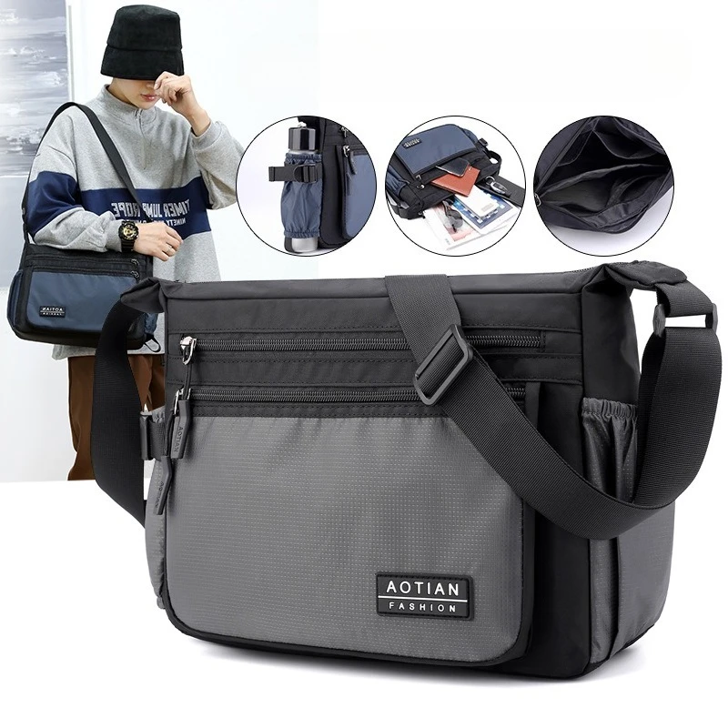 Men's Horizontal Oxford Messenger Bag Fashion Large-capacity Book Shoulder Bag Outdoor Sports Water Cup Crossbody Bag