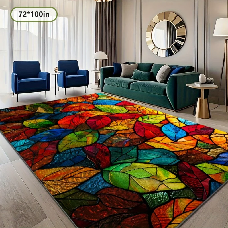 VIKAMA Stained Glass Leaf Print Area Rug Non Slip Soft Floor Carpet for Living Room Bedroom Colorful Art Home Decor Mat