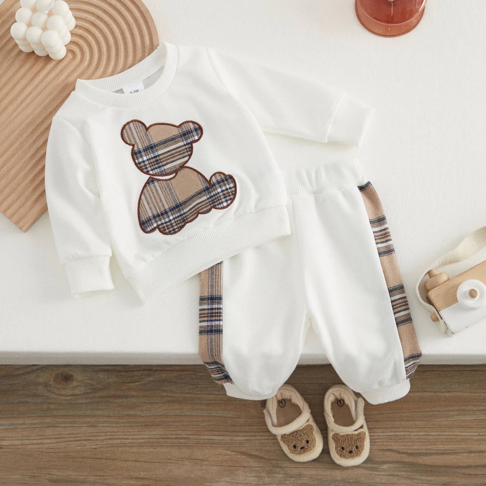 VISgogo Baby Girl Boy Clothes Spring Fall Outfits Long Sleeve Plaid Bear Sweatshirt Tops and Pants 2Pcs Casual Tracksuits