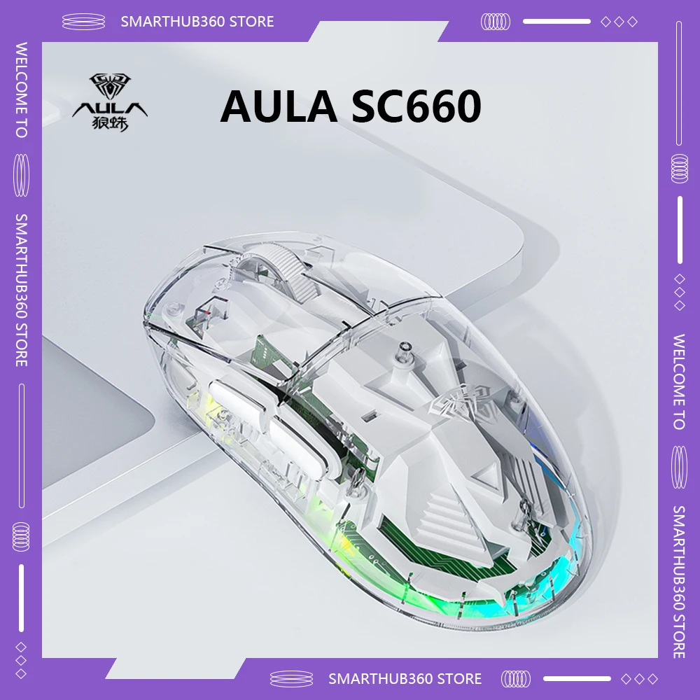 AULA SC660 Transparent Wireless Bluetooth 10000DPI Mouse Gaming Mouse Optical Sensor Macro Programmable Customize Ergonomic Mice