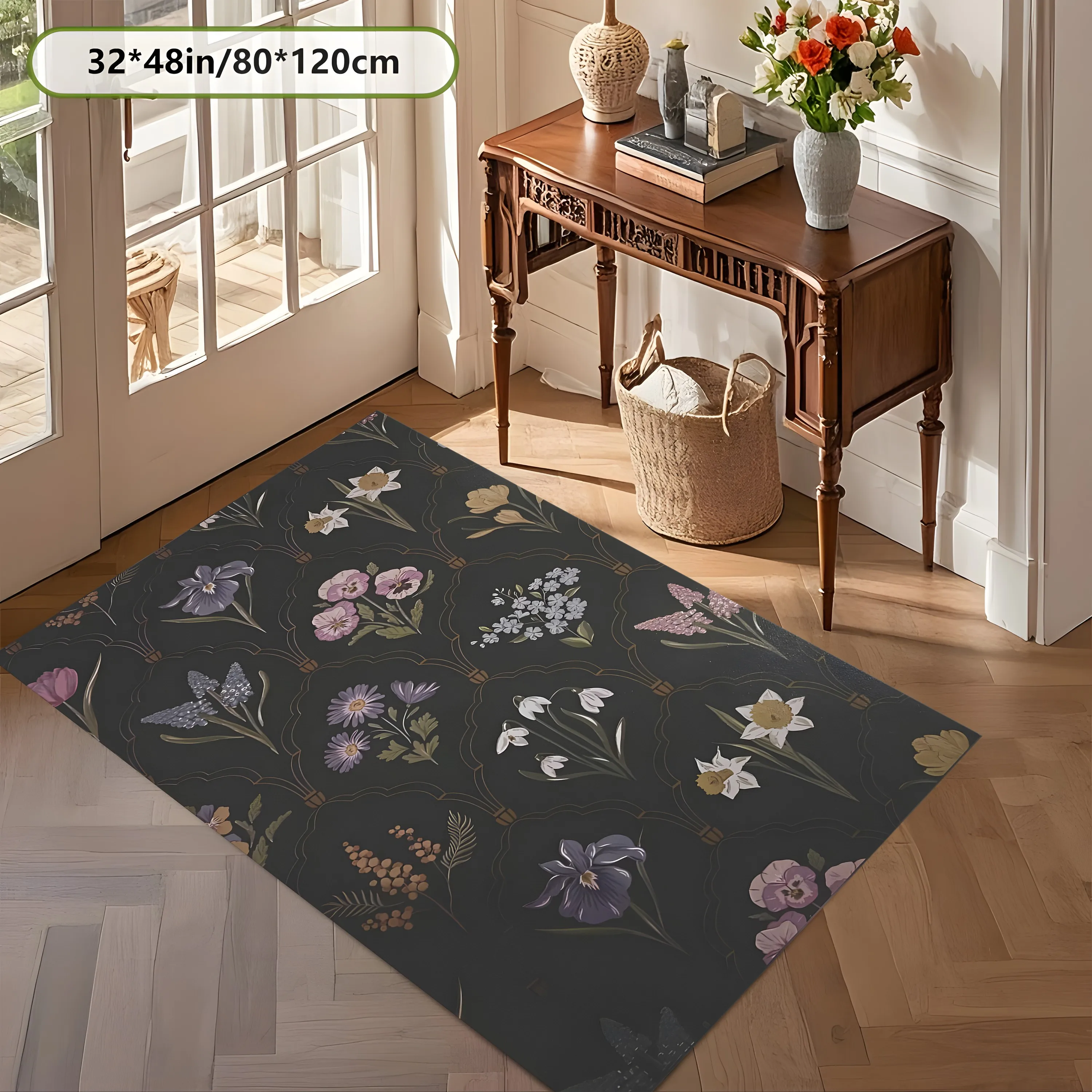 2D Carpet with Black Background and Retro Floral Pattern in Vintage Style for Living Room, Bedroom, and Coffee Table
