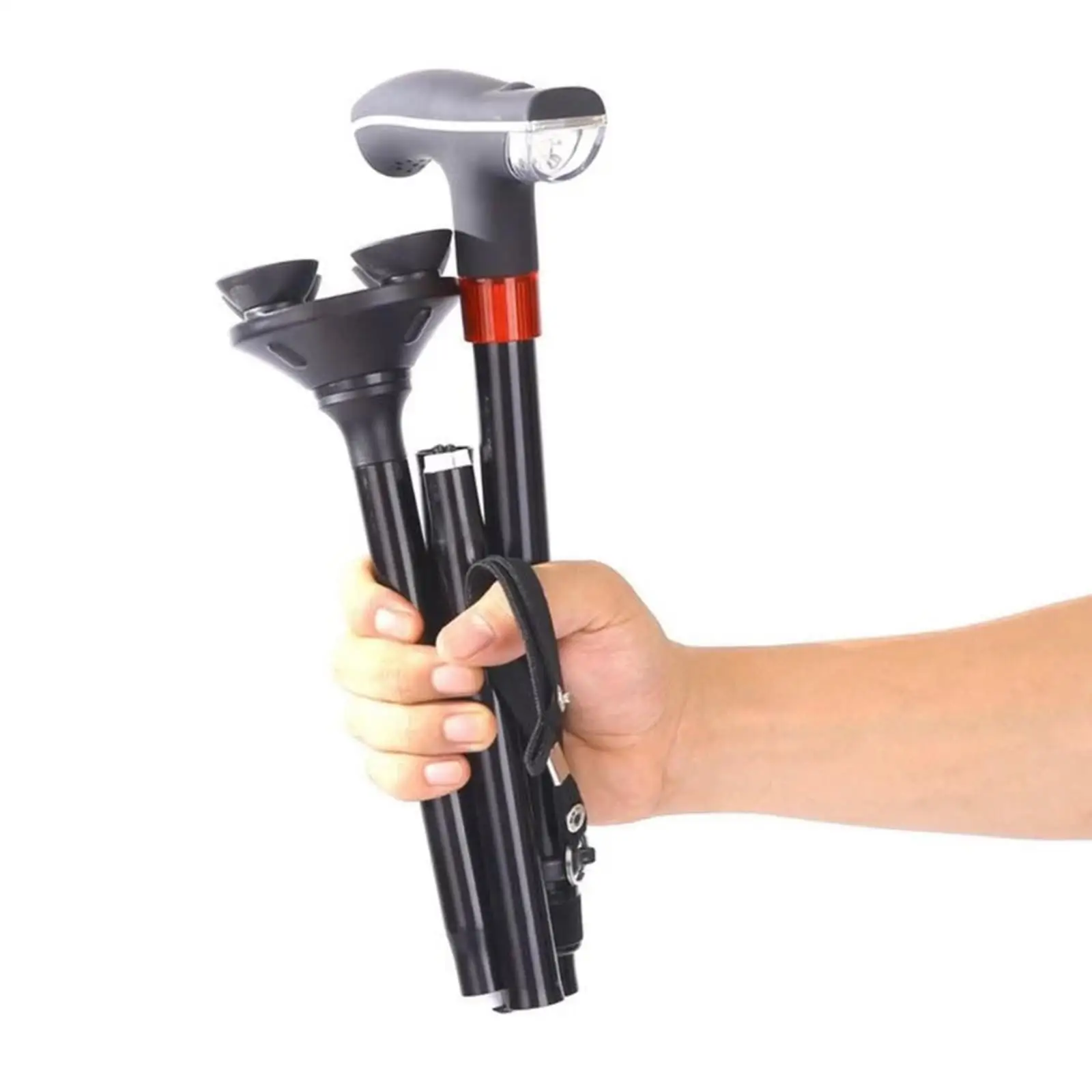 Foldable Mobility Cane with Replaceable Rubber Tips Strong Quad Base and LED Light for Elderly Night Walking