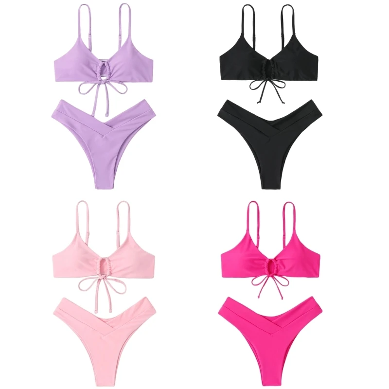 

2024 New Womens O-Ring String Bikinis Set Girls Solid Color Bathing Suit Ladies Two Pieces Swimwear High Cut Swimsuits Beachwear