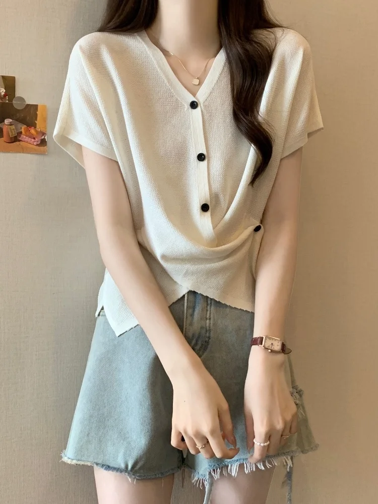 

Asymmetrical Ice Silk T-Shirt Women's Summer Fashion Slimming Design V-Neck Short Sleeve Large Size European Style Top