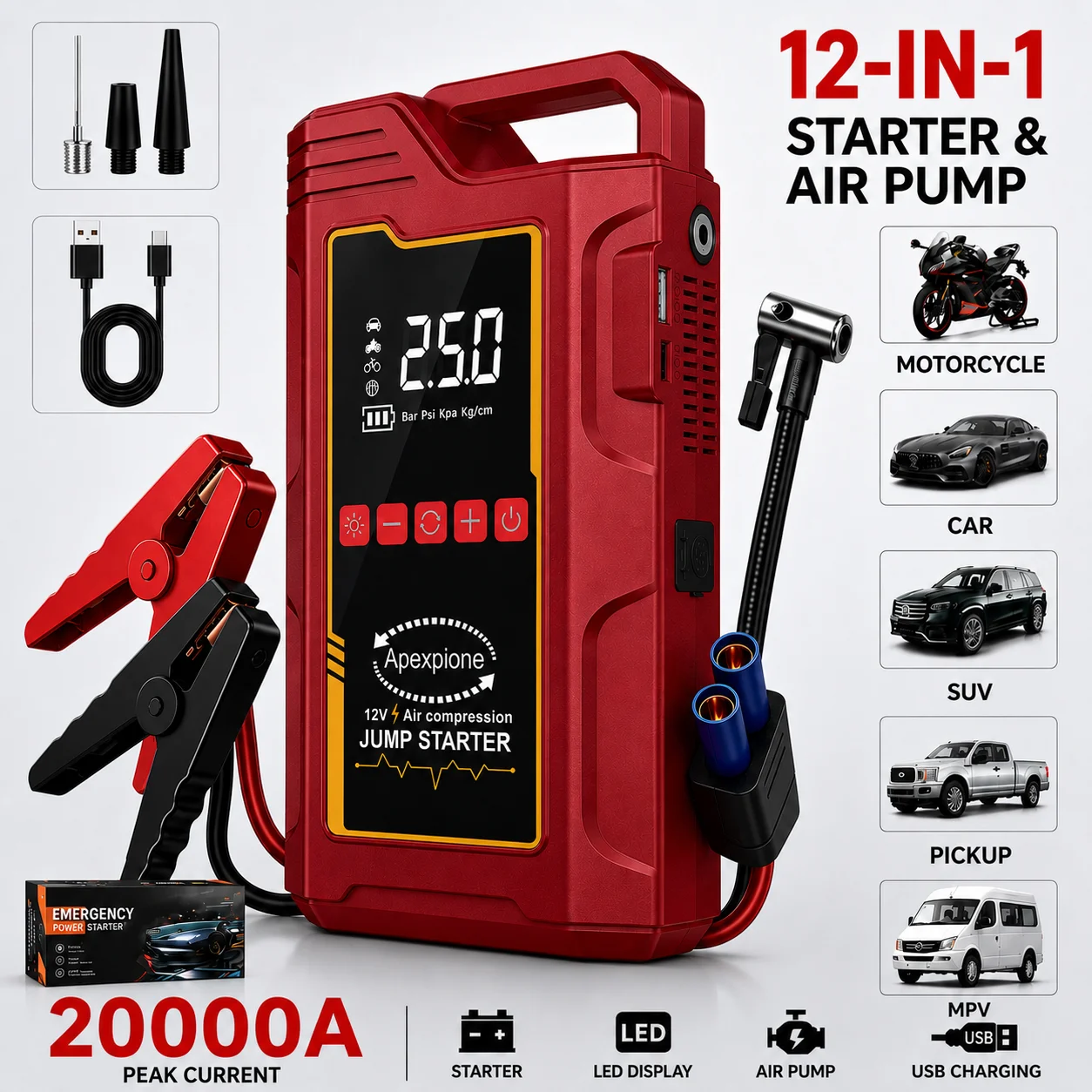 High Peak Portable Car Emergency Starter with 250PSI Air Compressor, Portable Battery Booster Pack, Featuring Emergency Start, Tire Inflation, USB Input/Output, LED Lighting, LCD Digital Display - A Multi-functional Automotive R