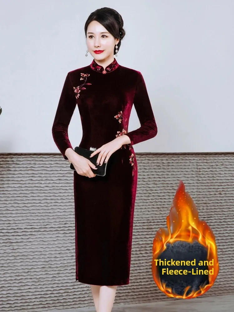 

High-End Hand-Painted Velvet Mid-Length Wedding Dr Improved Chinese Sle for ly Women Retro Sle Long Sve