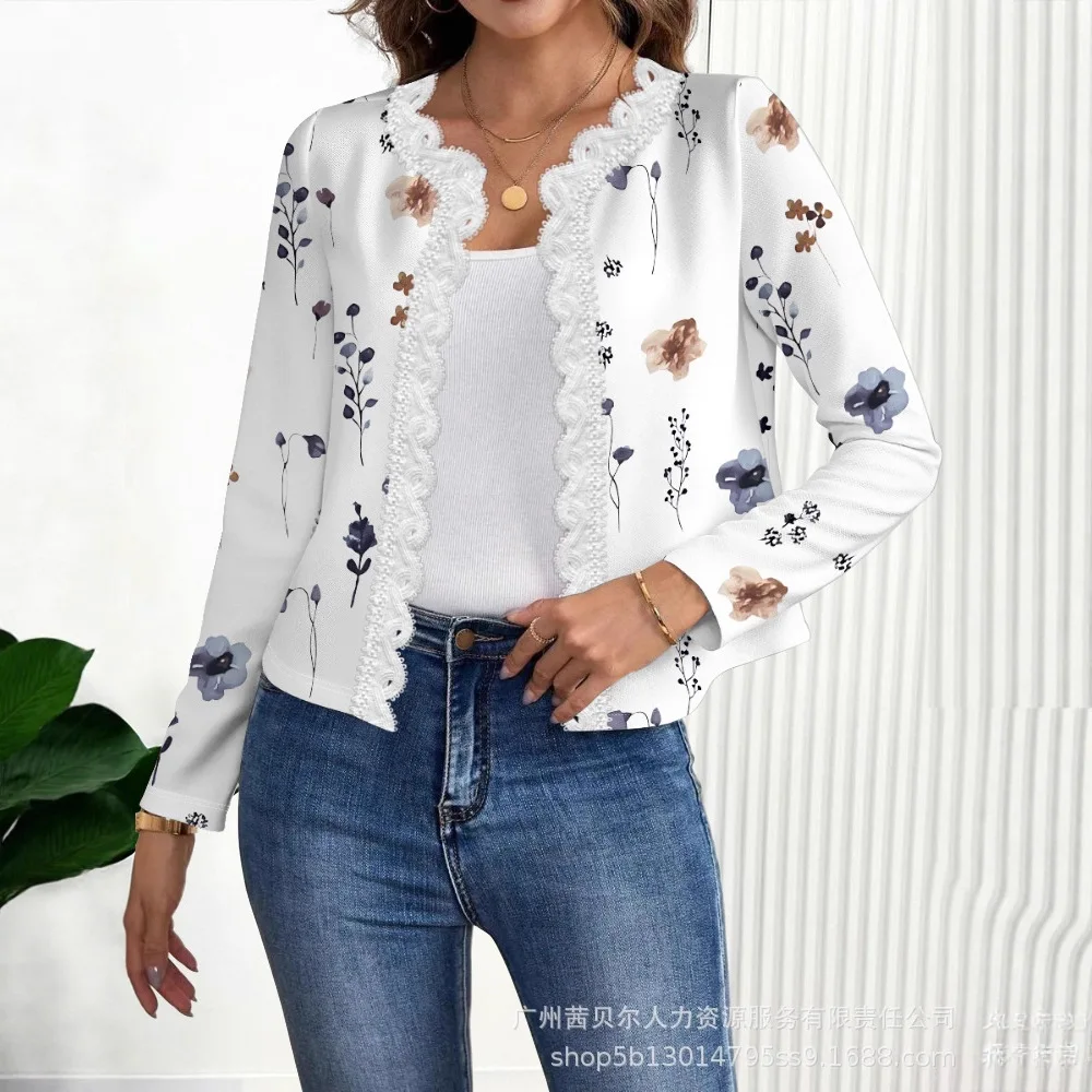 

Women Fashion Jackets Floral Print Open Front Long Sleeve Casual Contrast Lace Short Cardigan