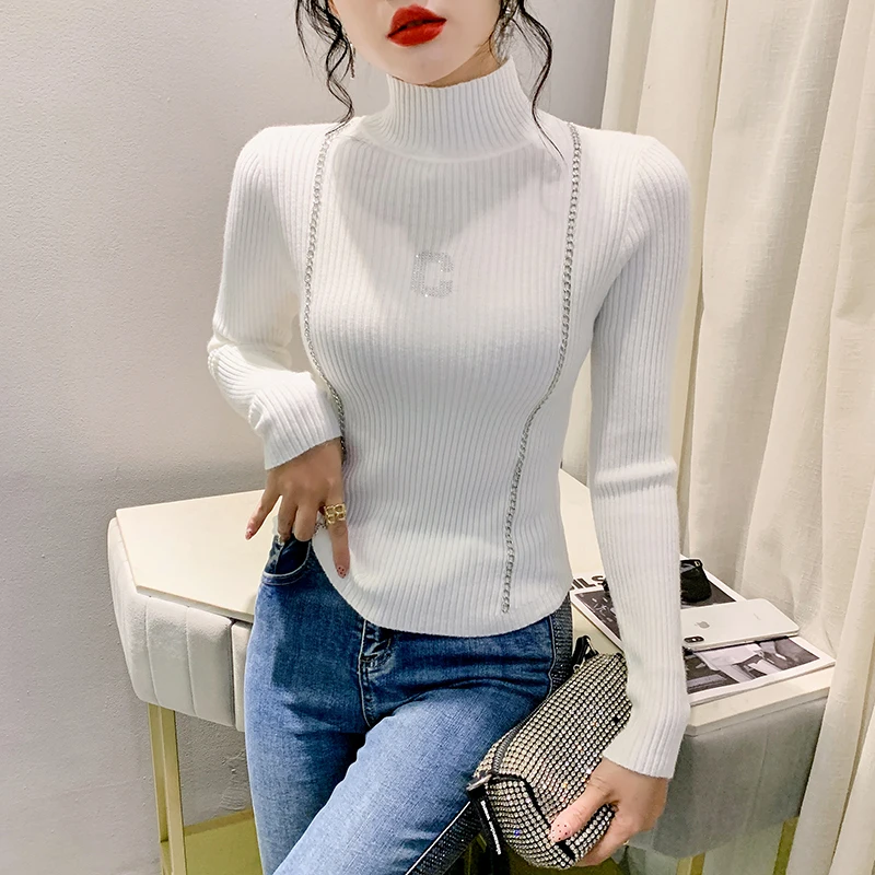 2023 New Fall Winter European Clothes Knitted Sweater Chic Sexy Women's Shiny Beading Letter Chain Long Sleeve Hot Tops 39353