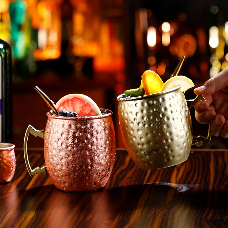 1pcs Moscow Mule Cup 550ML Sanding Copper Plating Cup 304 Stainless Steel Mug Metal Mug Cup Cocktail Glass Beer Steins Mug