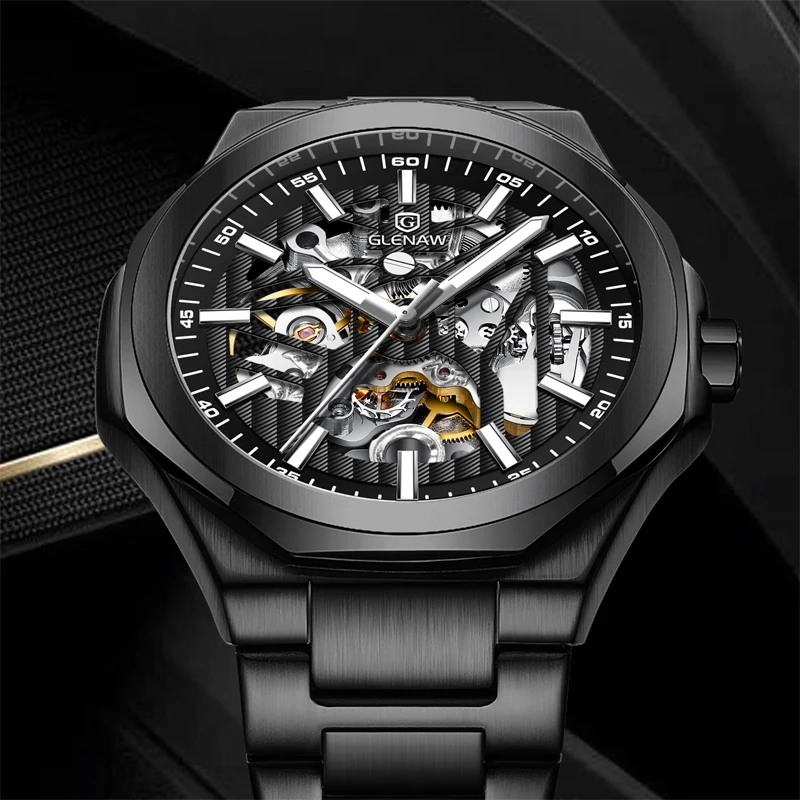 GLENAW Fashion Trend Focus Hollow Design Dial Exquisite Streamlined Case Fully Automatic Mechanical Waterproof Luminous Watch