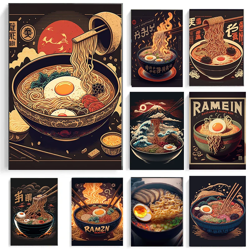 Egg Lamian Noodles Japanese Sushi Barbecue Food Wall Art Canvas Nordic Poster Vintage Kitchen Restaurant Wall Decoration