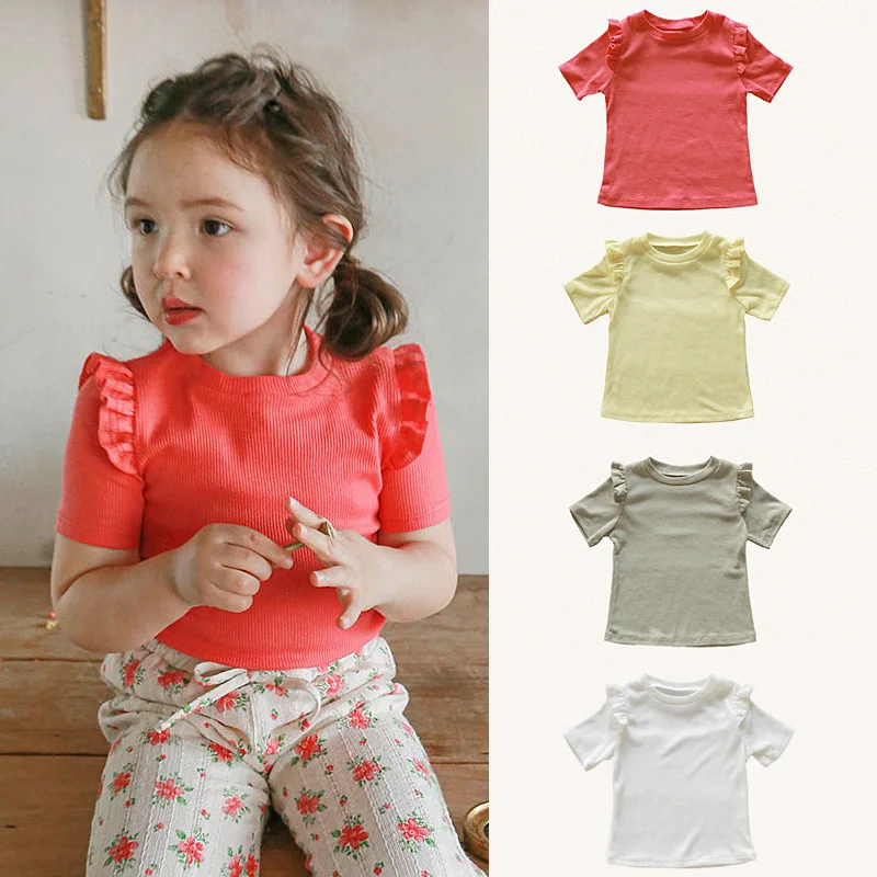 Baby Girl Top 2024 Summer Strawberry Sandy Girls Western Style Round Neck Fair-edge Short Sleeve Everything Short Sleeve T-shirt