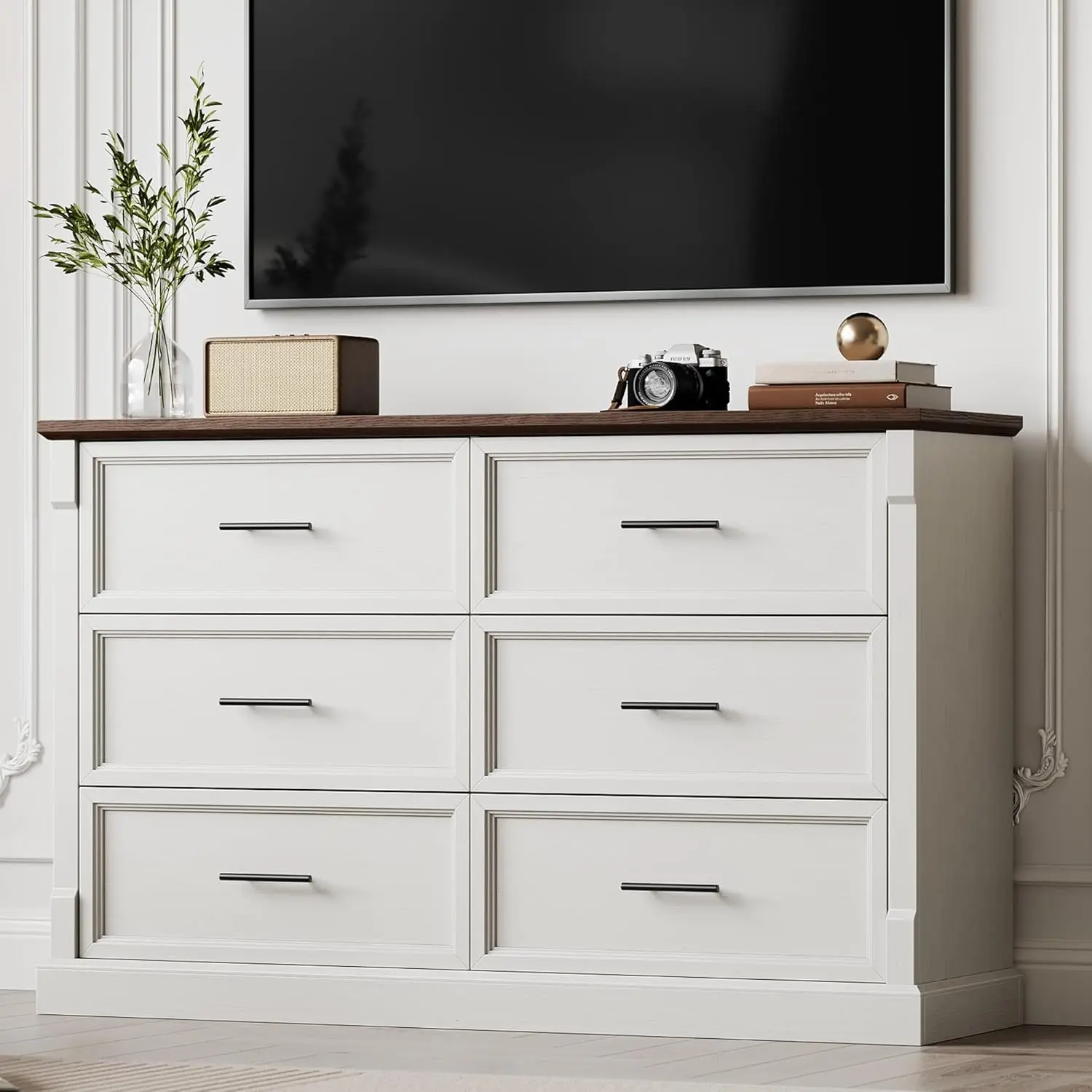 

White 6 Drawer Dresser for Bedroom, Farmhouse Large Chest of Drawers with Metal Handles, Rustic Wooden Dresser for Living Roo
