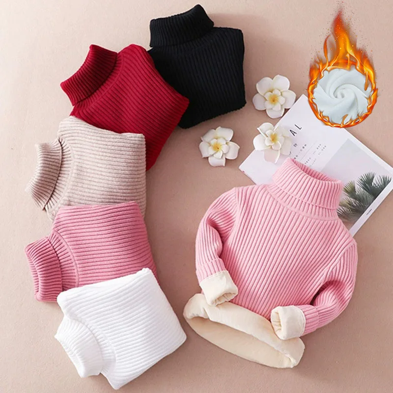 Boys Girls Fleece Sweaters Winter Thickened Knitwear Children's Warm Casual Jumper Autumn Kids High-Neck Long-SleevePullover