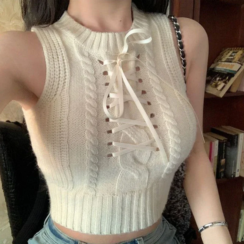 

Crops Sweater Vests Women High Street Sleeveless Femme Sexy Simple Harajuku French Style Knitted Hotsweet Sweet Lace-up Design