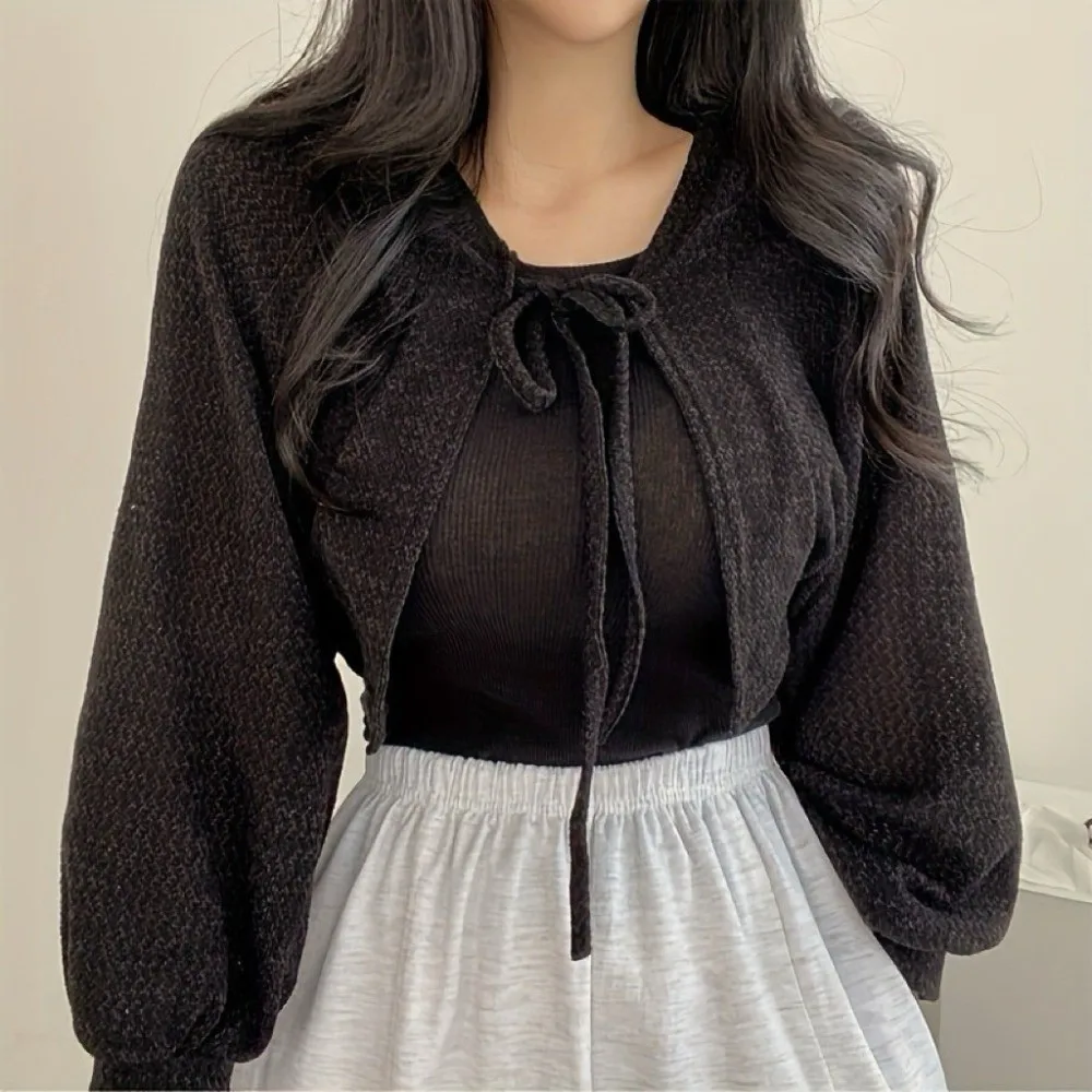 

Soft Korean Style Knitted Cardigan Lantern Sleeve Long Sleeve Raglan Sleeve Knitwear Tops Thin Short Sweater Shawl Girls